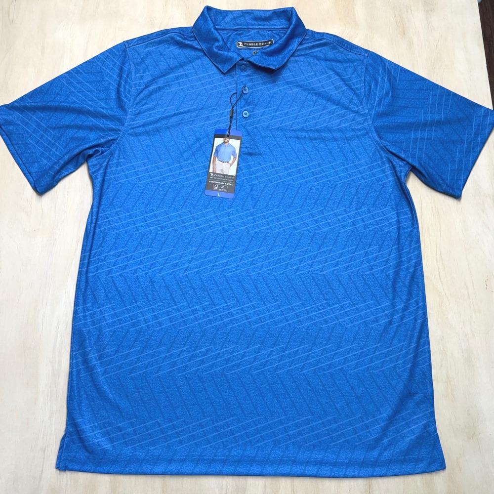 Pebble Beach Mens Large Dry-Luxe Performance Polo Shirt Blue Geometric Textured